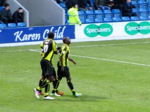The visitors celebrate Jacques Maghoma's first half goal