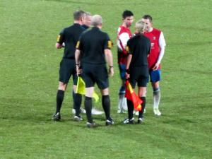 A couple of York players have a word with the officials