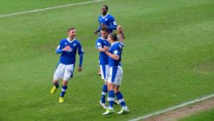 Just a minute later and the players are celebrating again after Marc Richards doubles the lead