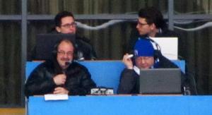 Alan Wilkinson and Stuart Basson prepare to do the commentary on Spireites Player