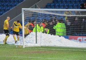 The Southend players celebrate in the snow