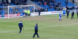 The 40 year old mascot takes a penalty against Chester during the break