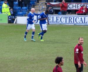 Armand Gnanduillet celebrates his first ever goal in English football