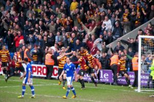 The Bradford players and supporters celebrate re-taking the lead