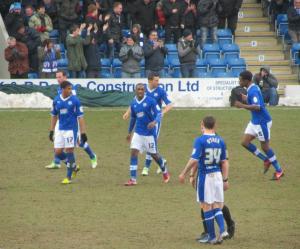 The Chesterfield players celebrate Marc Richards' equaliser