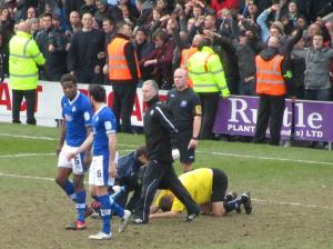 The striker injures himself in the process of scoring