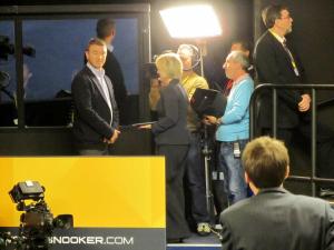 Hazel Irvine and Stephen Hendry prepare to present the BBC coverage