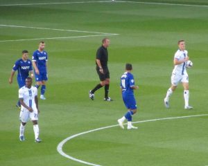 Matt Smith brings the ball back to the centre after Leeds pulled the game level