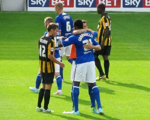 Winning goalscorer Gnanduillet gets a hug