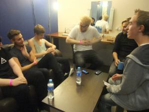 Interviewing the band - (left to right) Theo, Lewis, Jordan, Chris, Dan