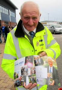 Jeff Hall shows off his programme article about meeting Prince William!