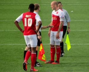 The referee has a word with Ryan Cresswell