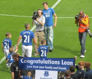 The Everton legend makes his way on to the field