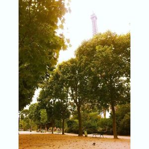 The tower overlooks a Paris park